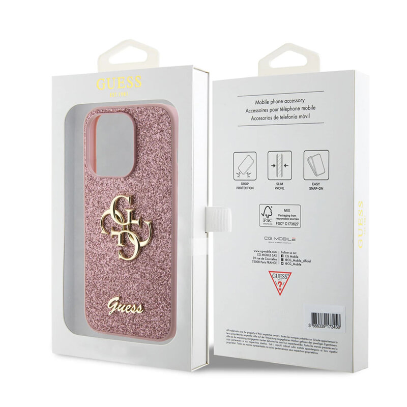 Husa Guess Glitter Script Big 4G iPhone 15 Pro cu sclipici, roz, GUHCP15LHG4SGP