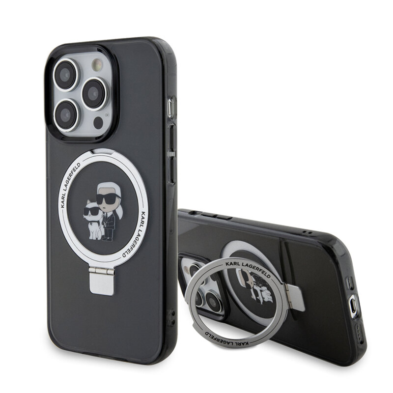 Husa iPhone 15 Pro Max Karl Lagerfeld Hardcase Ring Stand MagSafe, Karl&Choupette, negru, KLHMP15XHMRSKCK