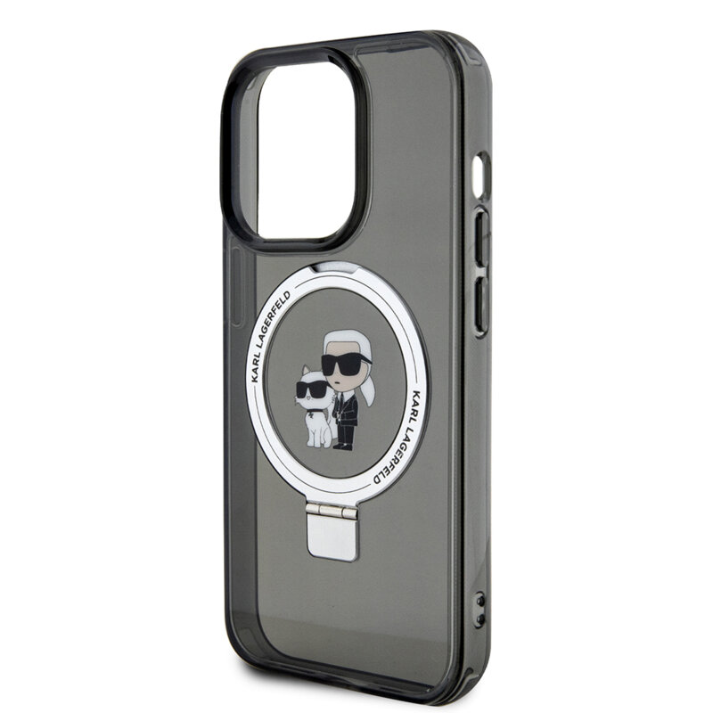Husa iPhone 15 Pro Max Karl Lagerfeld Hardcase Ring Stand MagSafe, Karl&Choupette, negru, KLHMP15XHMRSKCK