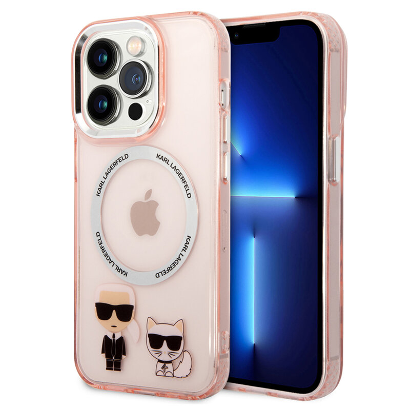 Husa iPhone 14 Pro Karl Lagerfeld Hardcase MagSafe, Karl & Choupette Aluminium, roz, KLHMP14LHKCP