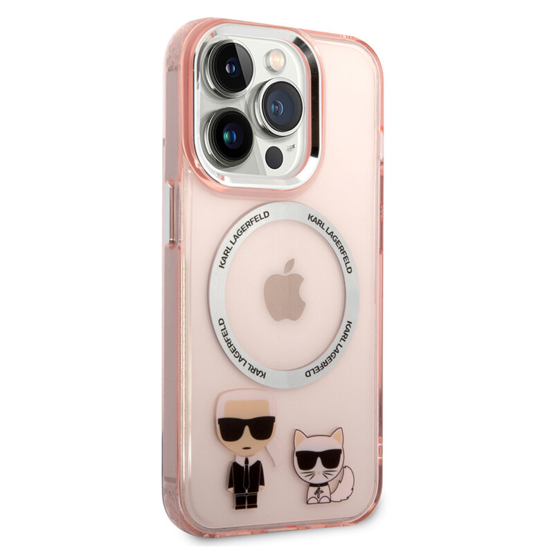 Husa iPhone 14 Pro Karl Lagerfeld Hardcase MagSafe, Karl & Choupette Aluminium, roz, KLHMP14LHKCP