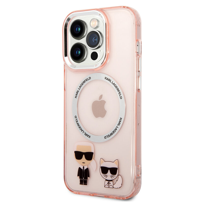 Husa iPhone 14 Pro Karl Lagerfeld Hardcase MagSafe, Karl & Choupette Aluminium, roz, KLHMP14LHKCP