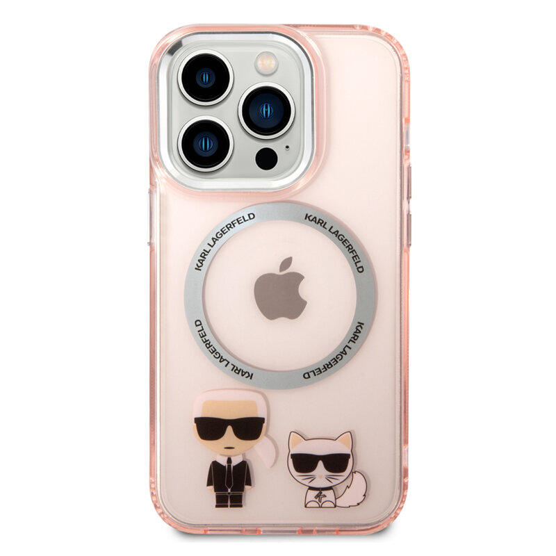 Husa iPhone 14 Pro Karl Lagerfeld Hardcase MagSafe, Karl & Choupette Aluminium, roz, KLHMP14LHKCP