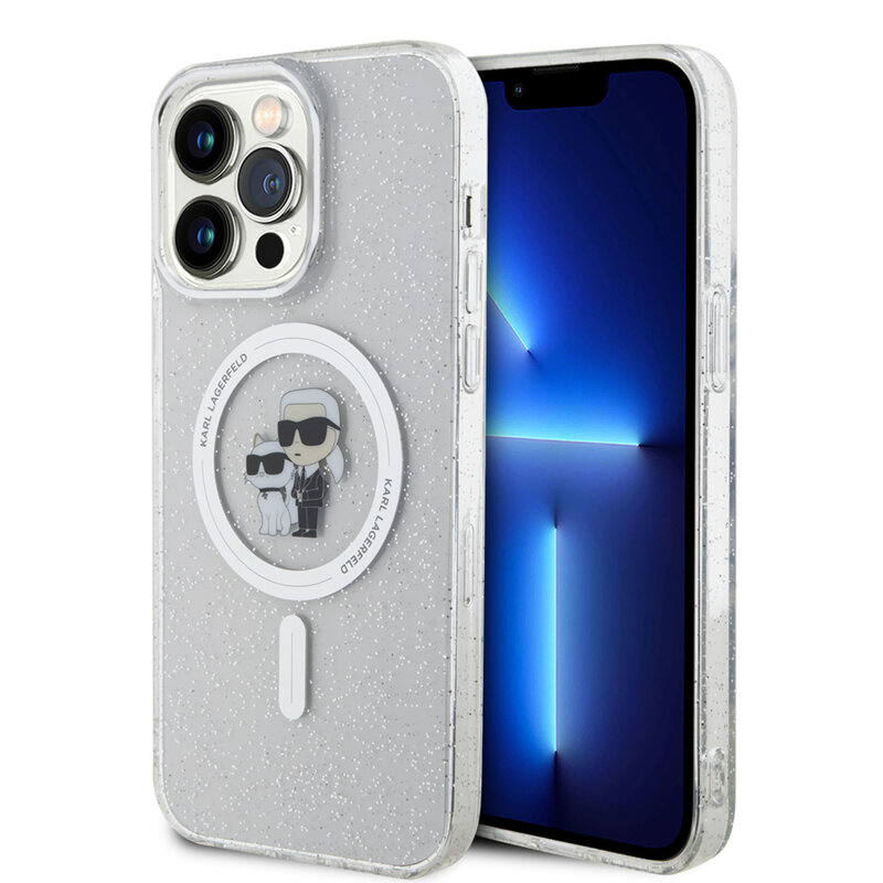 Husa Karl Lagerfeld iPhone 15 Pro Max Glitter MagSafe, Karl&Choupette, transparenta, KLHMP15XHGKCNOT