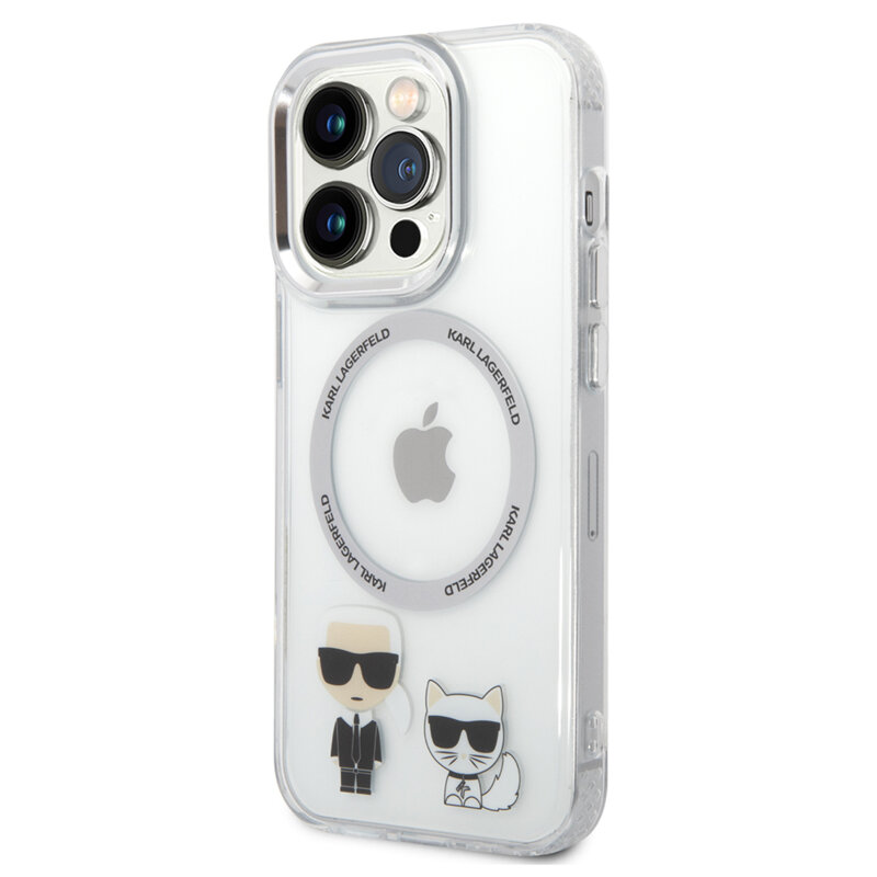Husa iPhone 14 Pro Karl Lagerfeld Hardcase MagSafe, Karl & Choupette Aluminium, transparent, KLHMP14LHKCT