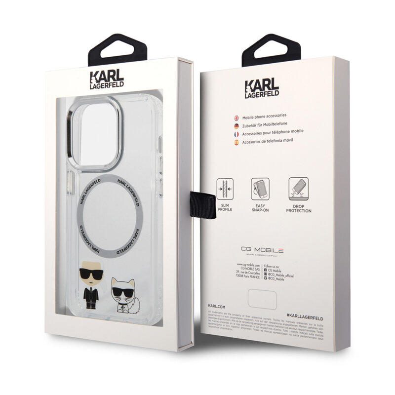 Husa iPhone 14 Pro Karl Lagerfeld Hardcase MagSafe, Karl & Choupette Aluminium, transparent, KLHMP14LHKCT