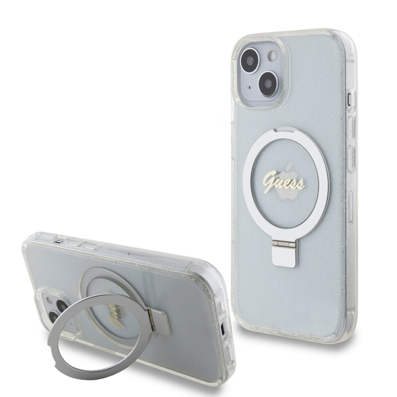 Husa Guess iPhone 15 Ring Stand Script Glitter MagSafe, transparenta, GUHMP15SHRSGSD