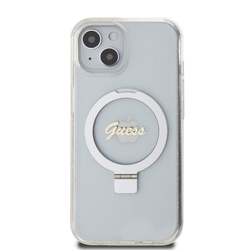 Husa Guess iPhone 15 Ring Stand Script Glitter MagSafe, transparenta, GUHMP15SHRSGSD