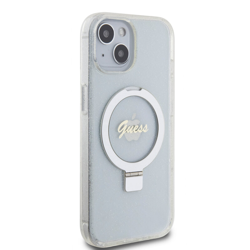 Husa Guess iPhone 15 Ring Stand Script Glitter MagSafe, transparenta, GUHMP15SHRSGSD