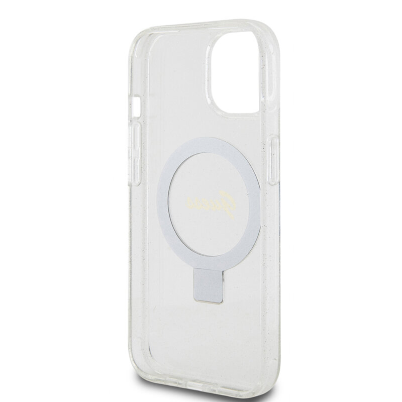 Husa Guess iPhone 15 Ring Stand Script Glitter MagSafe, transparenta, GUHMP15SHRSGSD