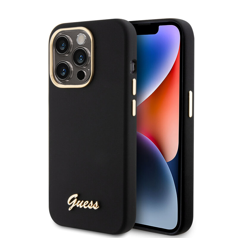 Husa Guess iPhone 15 Pro Silicone Script Metal Logo & Frame, negru, GUHCP15LSMBSLK