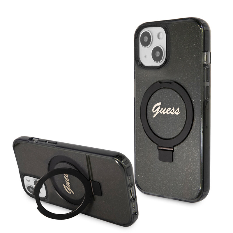 Husa Guess iPhone 15 Ring Stand Script Glitter MagSafe, negru, GUHMP15SHRSGSK
