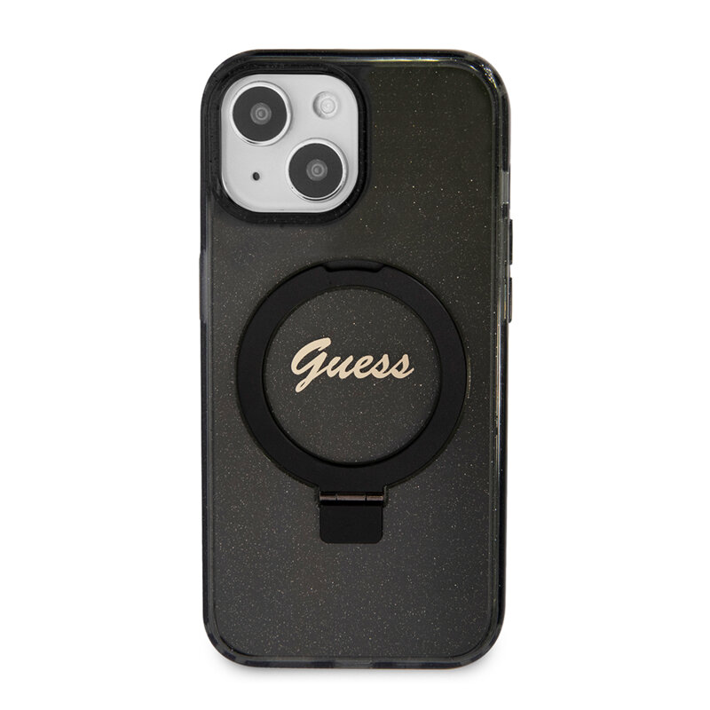 Husa Guess iPhone 15 Ring Stand Script Glitter MagSafe, negru, GUHMP15SHRSGSK