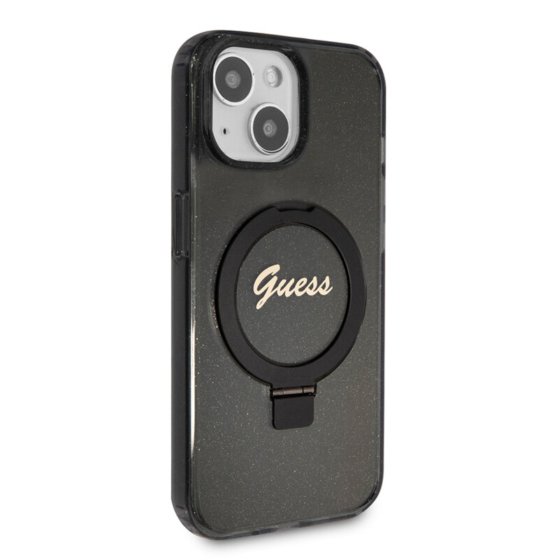 Husa Guess iPhone 15 Ring Stand Script Glitter MagSafe, negru, GUHMP15SHRSGSK