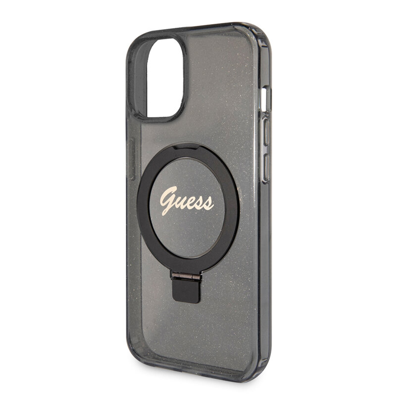 Husa Guess iPhone 15 Ring Stand Script Glitter MagSafe, negru, GUHMP15SHRSGSK