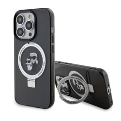 Husa iPhone 14 Pro Karl Lagerfeld Hardcase Ring Stand MagSafe, Karl&Choupette, negru, KLHMP14LHMRSKCK