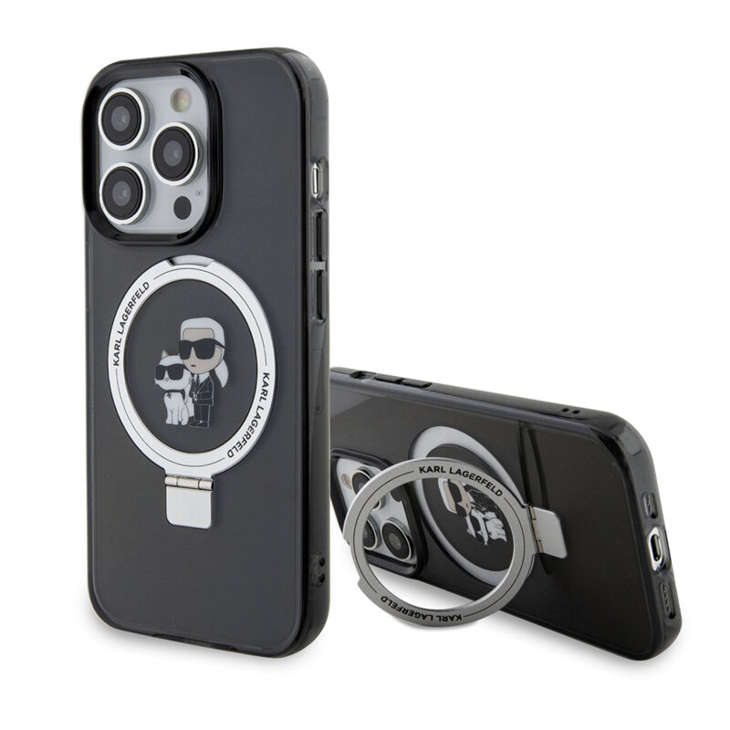 Husa iPhone 14 Pro Karl Lagerfeld Hardcase Ring Stand MagSafe, Karl&Choupette, negru, KLHMP14LHMRSKCK