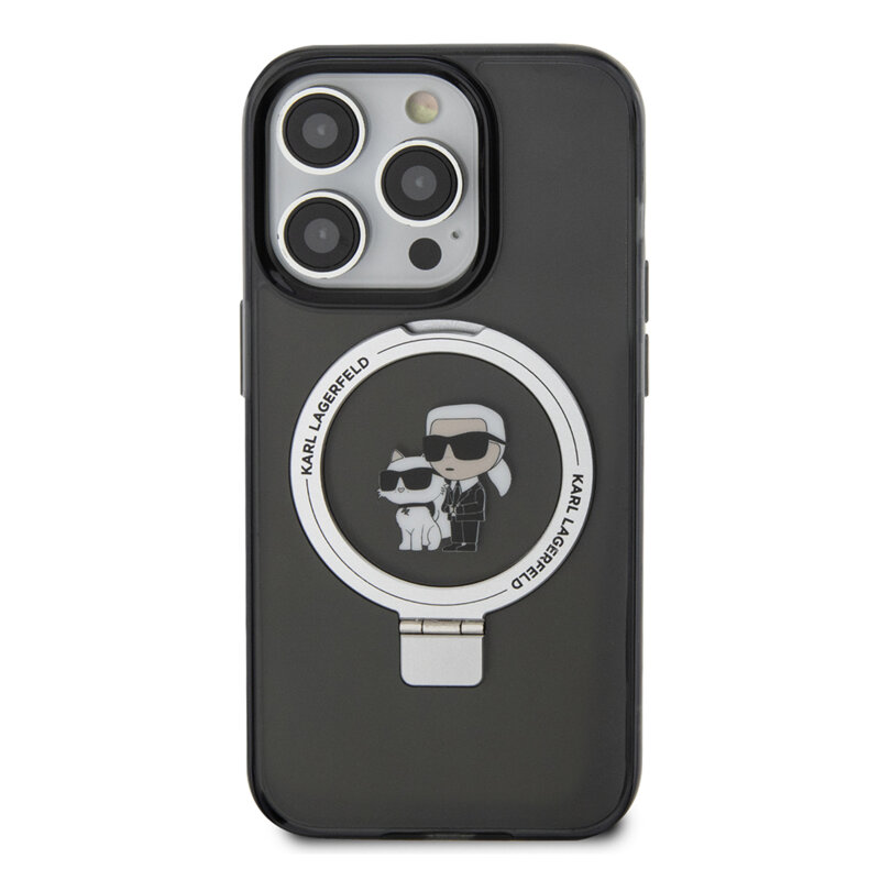 Husa iPhone 14 Pro Karl Lagerfeld Hardcase Ring Stand MagSafe, Karl&Choupette, negru, KLHMP14LHMRSKCK