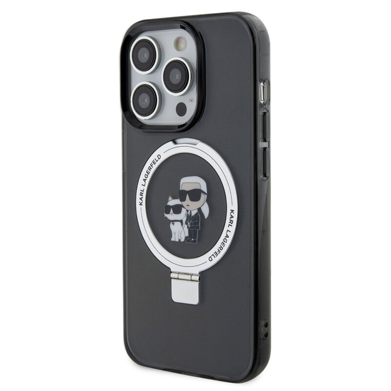 Husa iPhone 14 Pro Karl Lagerfeld Hardcase Ring Stand MagSafe, Karl&Choupette, negru, KLHMP14LHMRSKCK