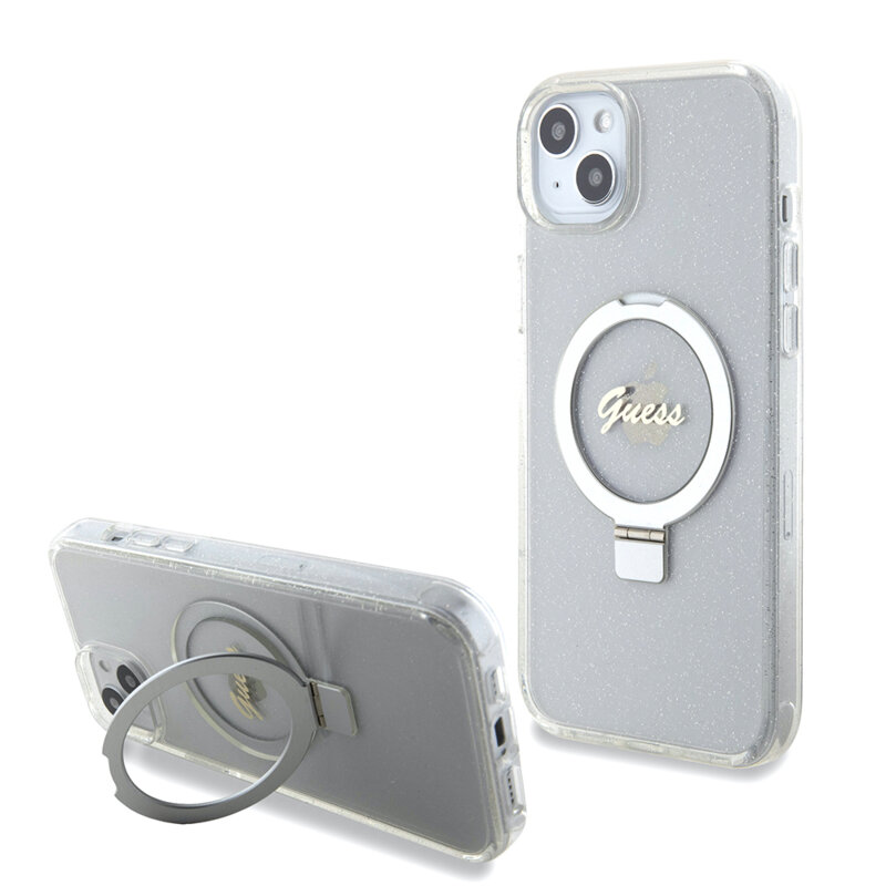 Husa Guess iPhone 15 Plus Ring Stand Script Glitter MagSafe, transparenta, GUHMP15MHRSGSD