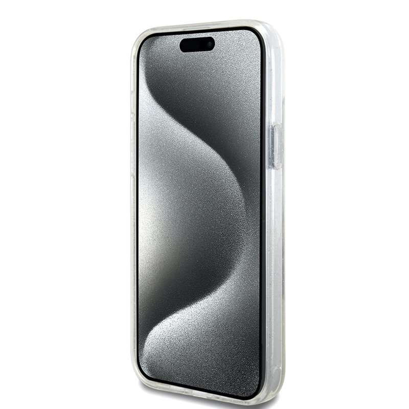 Husa Guess iPhone 15 Plus Ring Stand Script Glitter MagSafe, transparenta, GUHMP15MHRSGSD