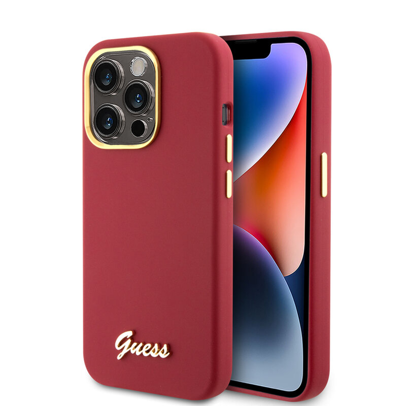 Husa Guess iPhone 15 Pro Silicone Script Metal Logo & Frame, rosu, GUHCP15LSMBSLM