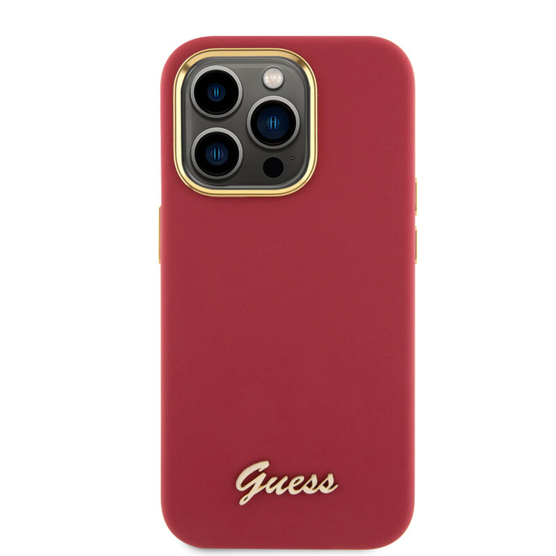 Husa Guess iPhone 15 Pro Silicone Script Metal Logo & Frame, rosu, GUHCP15LSMBSLM