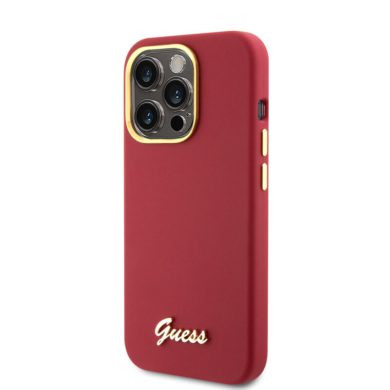 Husa Guess iPhone 15 Pro Silicone Script Metal Logo & Frame, rosu, GUHCP15LSMBSLM