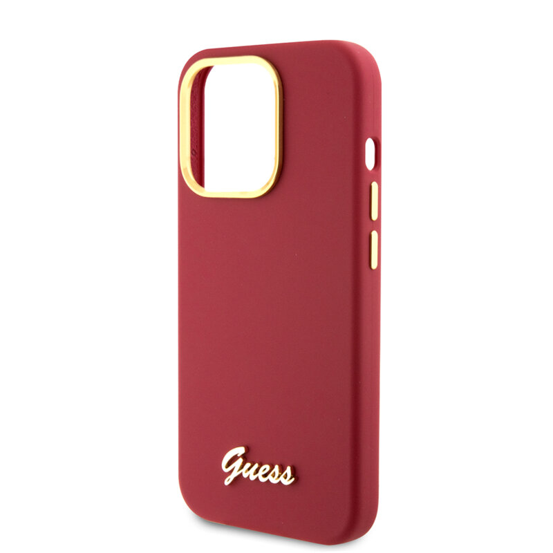 Husa Guess iPhone 15 Pro Silicone Script Metal Logo & Frame, rosu, GUHCP15LSMBSLM