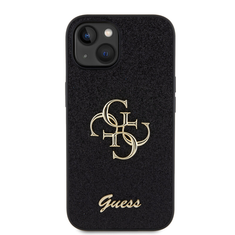 Husa Guess Glitter Script Big 4G iPhone 15 cu sclipici, negru, GUHCP15SHG4SGK