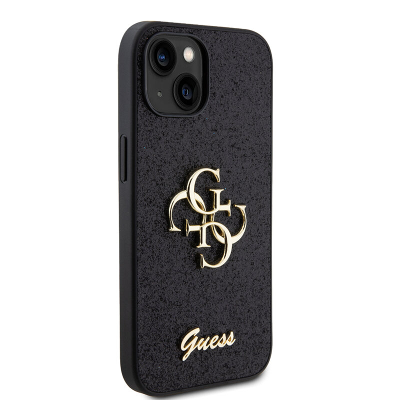 Husa Guess Glitter Script Big 4G iPhone 15 cu sclipici, negru, GUHCP15SHG4SGK