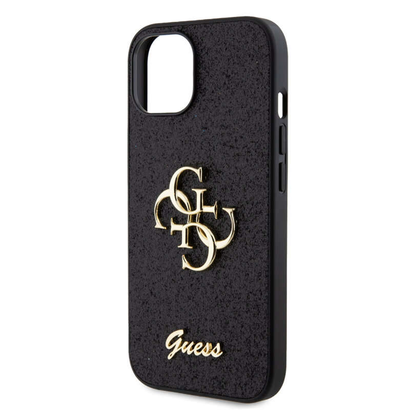 Husa Guess Glitter Script Big 4G iPhone 15 cu sclipici, negru, GUHCP15SHG4SGK