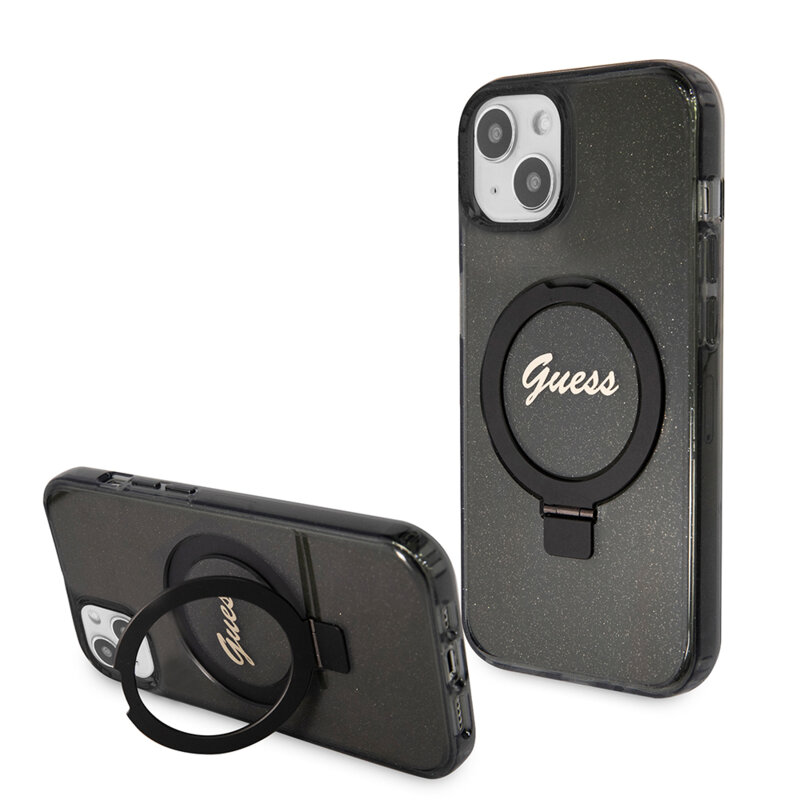 Husa Guess iPhone 15 Plus Ring Stand Script Glitter MagSafe, negru, GUHMP15MHRSGSK