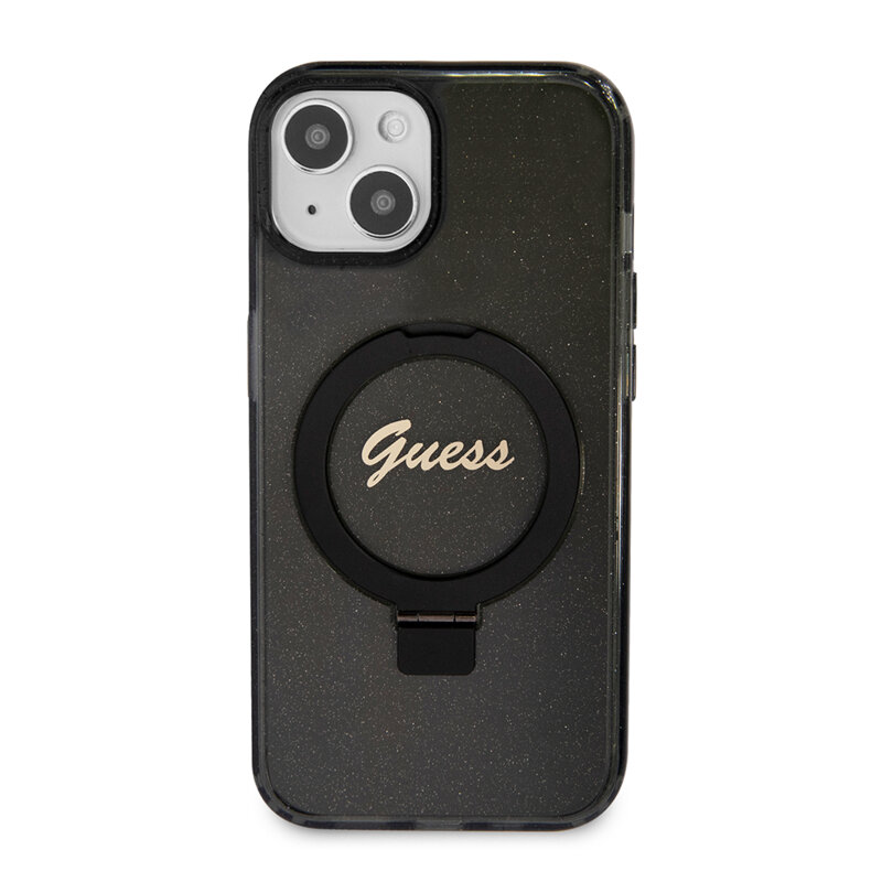 Husa Guess iPhone 15 Plus Ring Stand Script Glitter MagSafe, negru, GUHMP15MHRSGSK