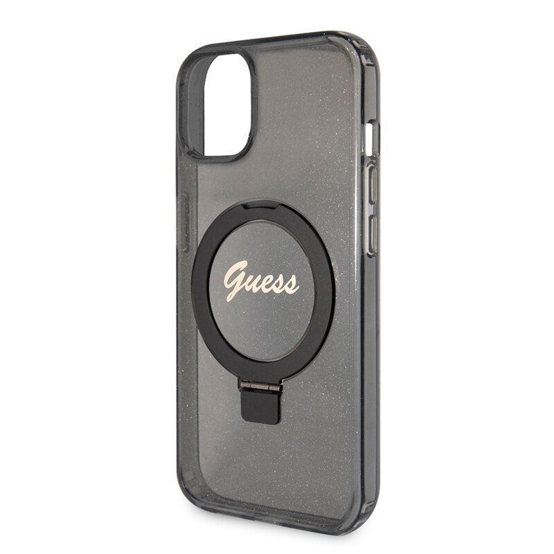 Husa Guess iPhone 15 Plus Ring Stand Script Glitter MagSafe, negru, GUHMP15MHRSGSK