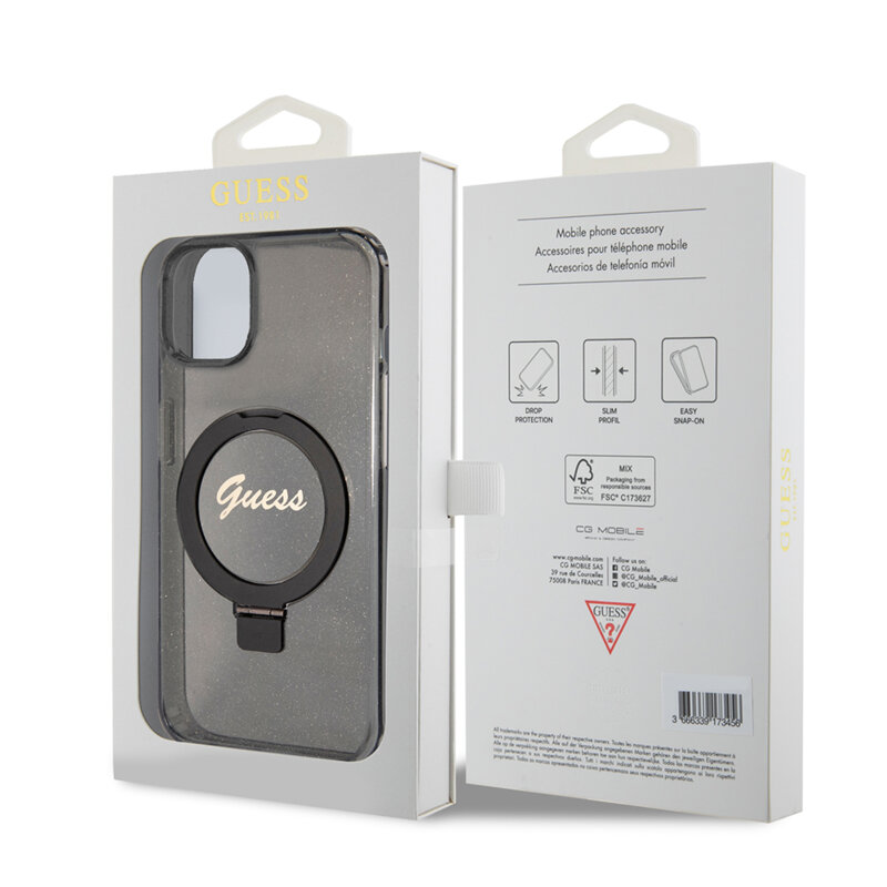 Husa Guess iPhone 15 Plus Ring Stand Script Glitter MagSafe, negru, GUHMP15MHRSGSK