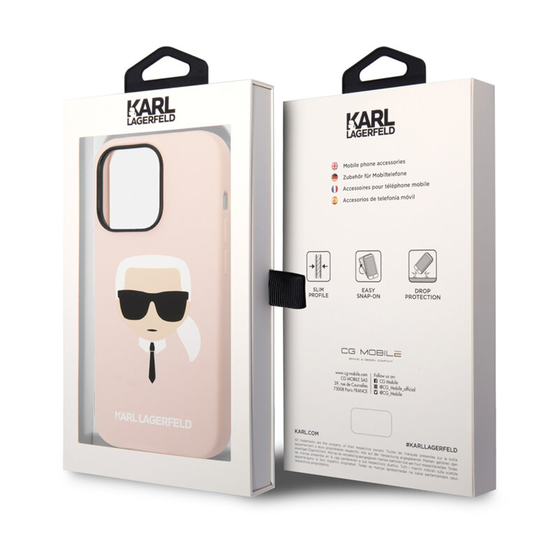 Husa Karl Lagerfeld iPhone 14 Pro Silicone MagSafe, Karl`s Head, roz deschis, KLHMP14LSLKHLP