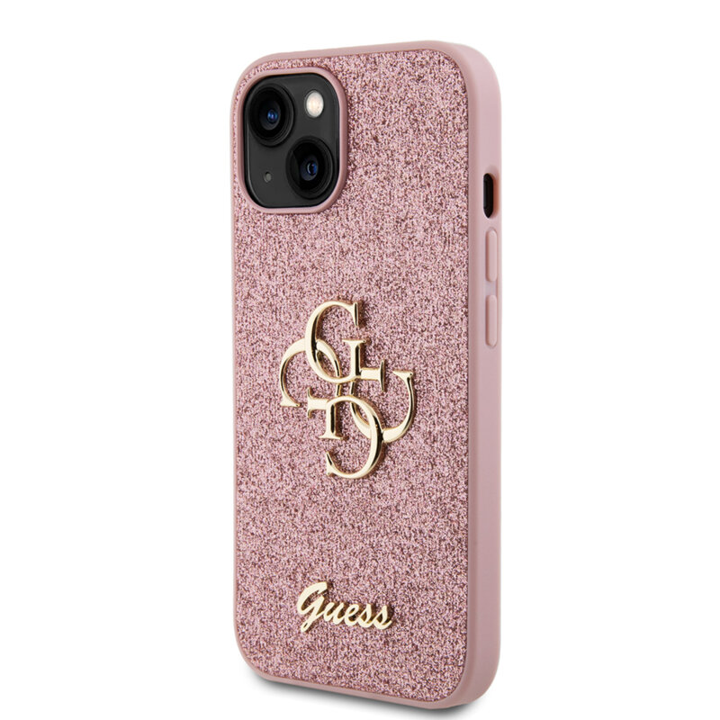 Husa Guess Glitter Script Big 4G iPhone 15 cu sclipici, roz, GUHCP15SHG4SGP