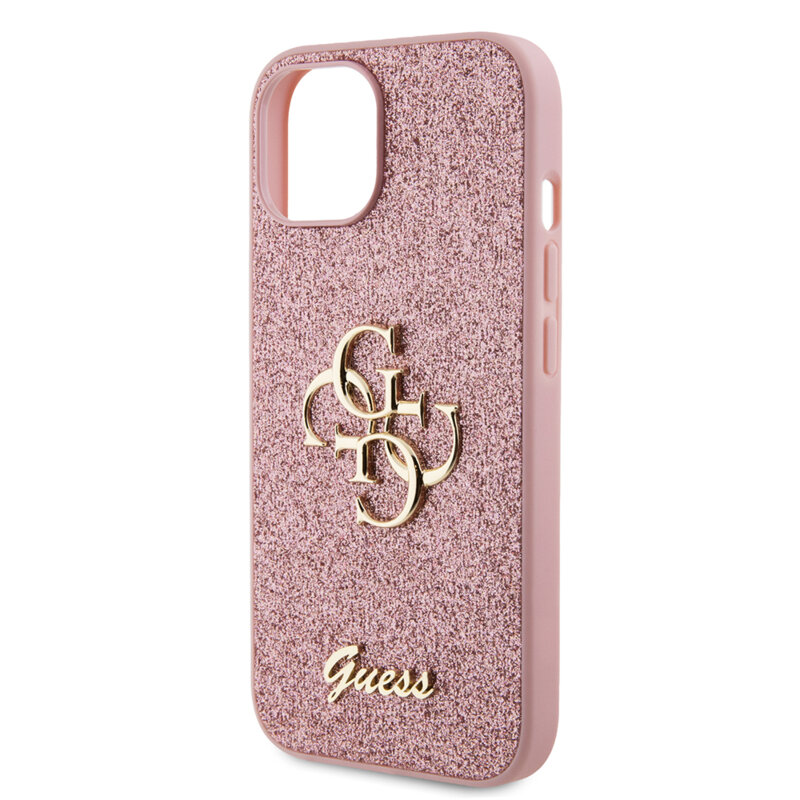 Husa Guess Glitter Script Big 4G iPhone 15 cu sclipici, roz, GUHCP15SHG4SGP