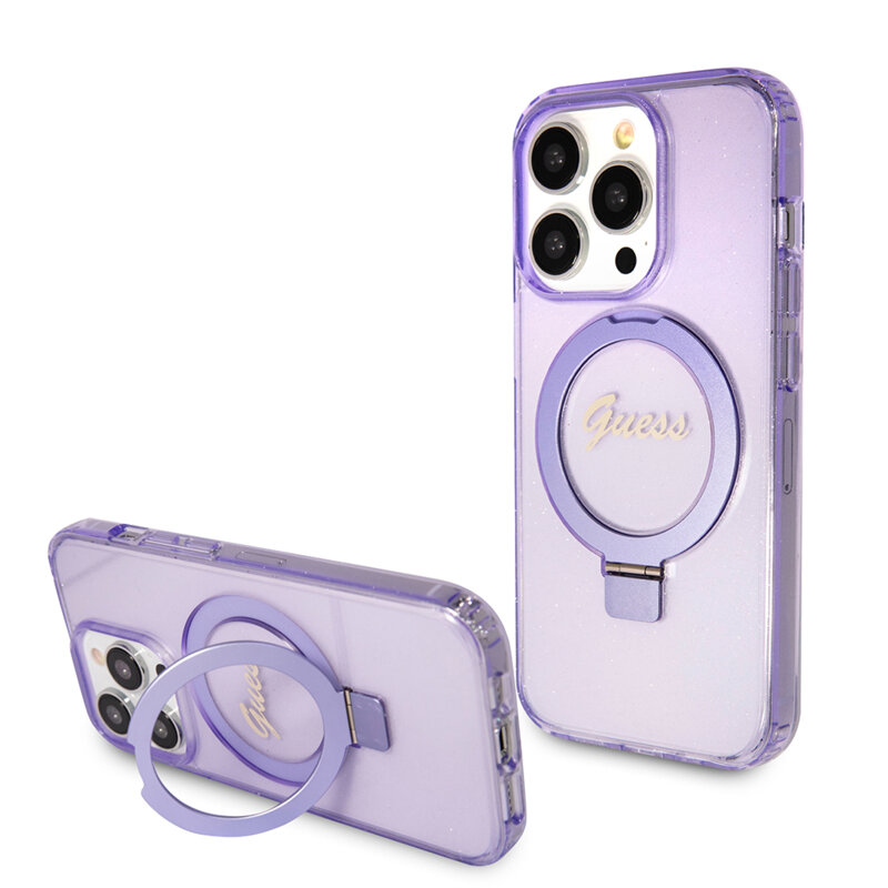 Husa Guess iPhone 15 Pro Ring Stand Script Glitter MagSafe, mov, GUHMP15LHRSGSU