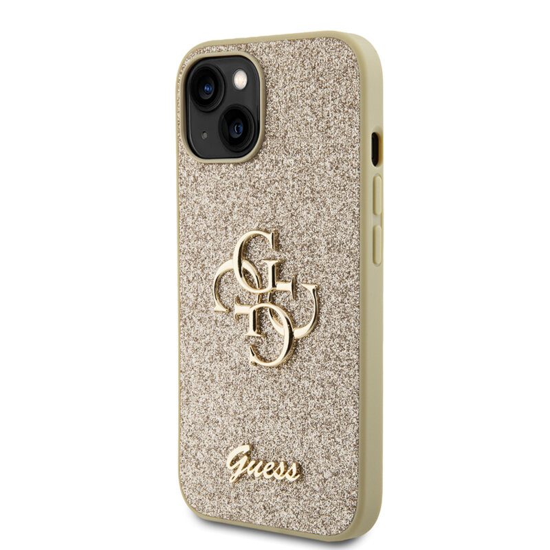 Husa Guess Glitter Script Big 4G iPhone 15 cu sclipici, auriu, GUHCP15SHG4SGD