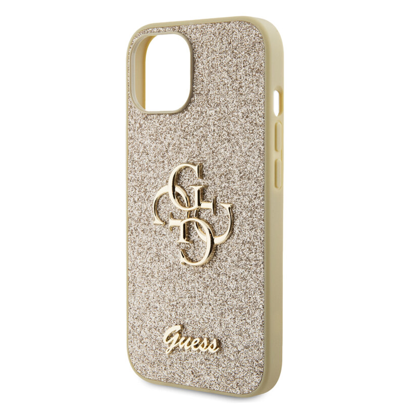 Husa Guess Glitter Script Big 4G iPhone 15 cu sclipici, auriu, GUHCP15SHG4SGD