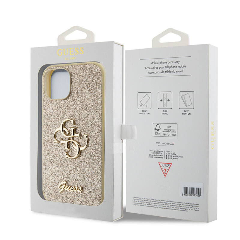 Husa Guess Glitter Script Big 4G iPhone 15 cu sclipici, auriu, GUHCP15SHG4SGD