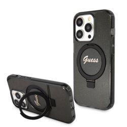 Husa Guess iPhone 15 Pro Ring Stand Script Glitter MagSafe, negru, GUHMP15LHRSGSK
