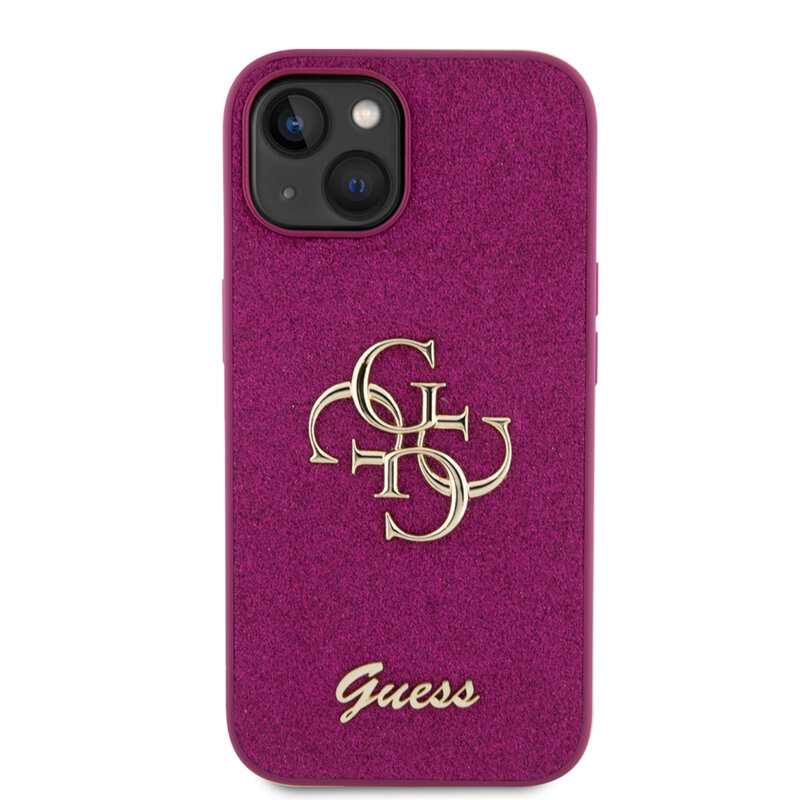 Husa Guess Glitter Script Big 4G iPhone 15 cu sclipici, magenta, GUHCP15SHG4SGU