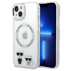 Husa iPhone 15 Plus Karl Lagerfeld Hardcase MagSafe, Karl & Choupette Aluminium, transparent, KLHMP14MHKCT