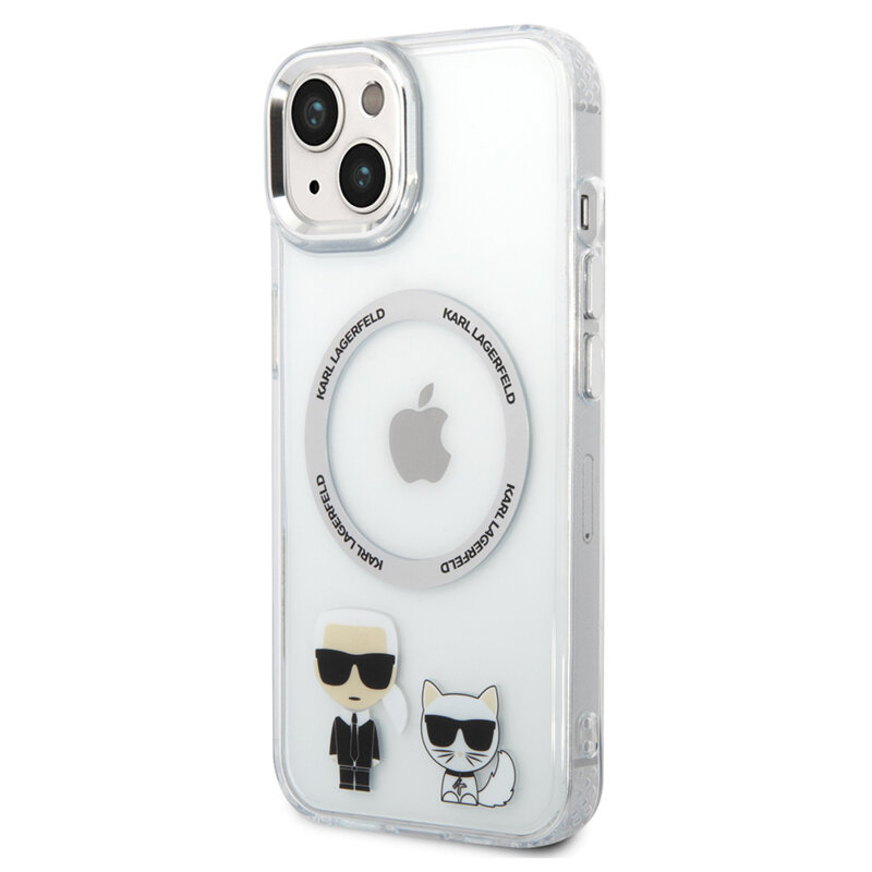 Husa iPhone 15 Plus Karl Lagerfeld Hardcase MagSafe, Karl & Choupette Aluminium, transparent, KLHMP14MHKCT