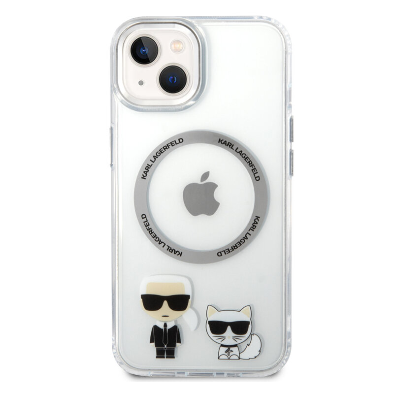 Husa iPhone 15 Plus Karl Lagerfeld Hardcase MagSafe, Karl & Choupette Aluminium, transparent, KLHMP14MHKCT