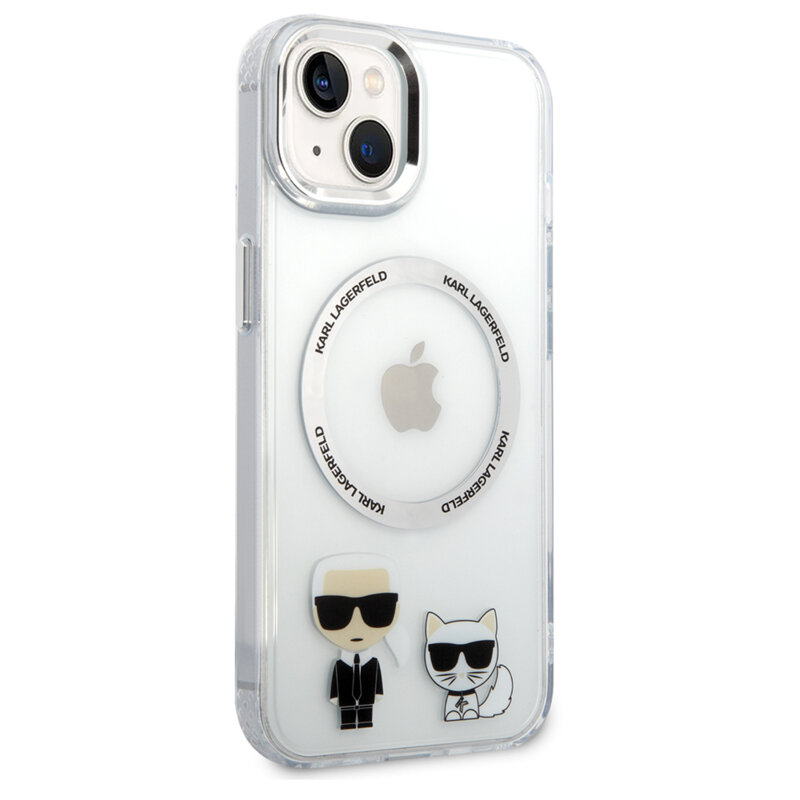 Husa iPhone 15 Plus Karl Lagerfeld Hardcase MagSafe, Karl & Choupette Aluminium, transparent, KLHMP14MHKCT