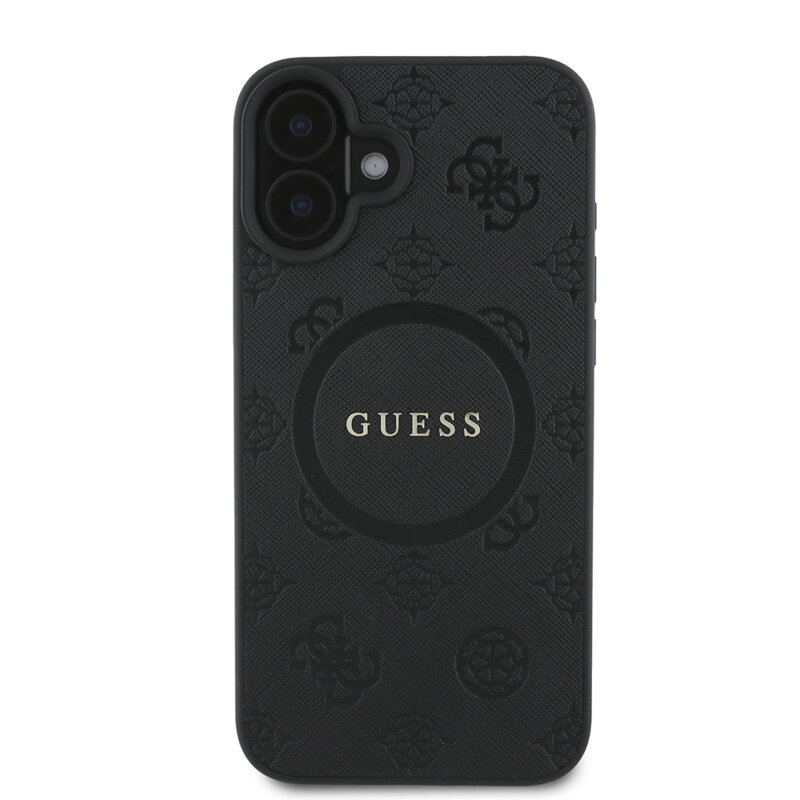 Husa Guess Saffiano Peony Classic Logo MagSafe iPhone 16, negru, GUHMP16SPSAPSMEK